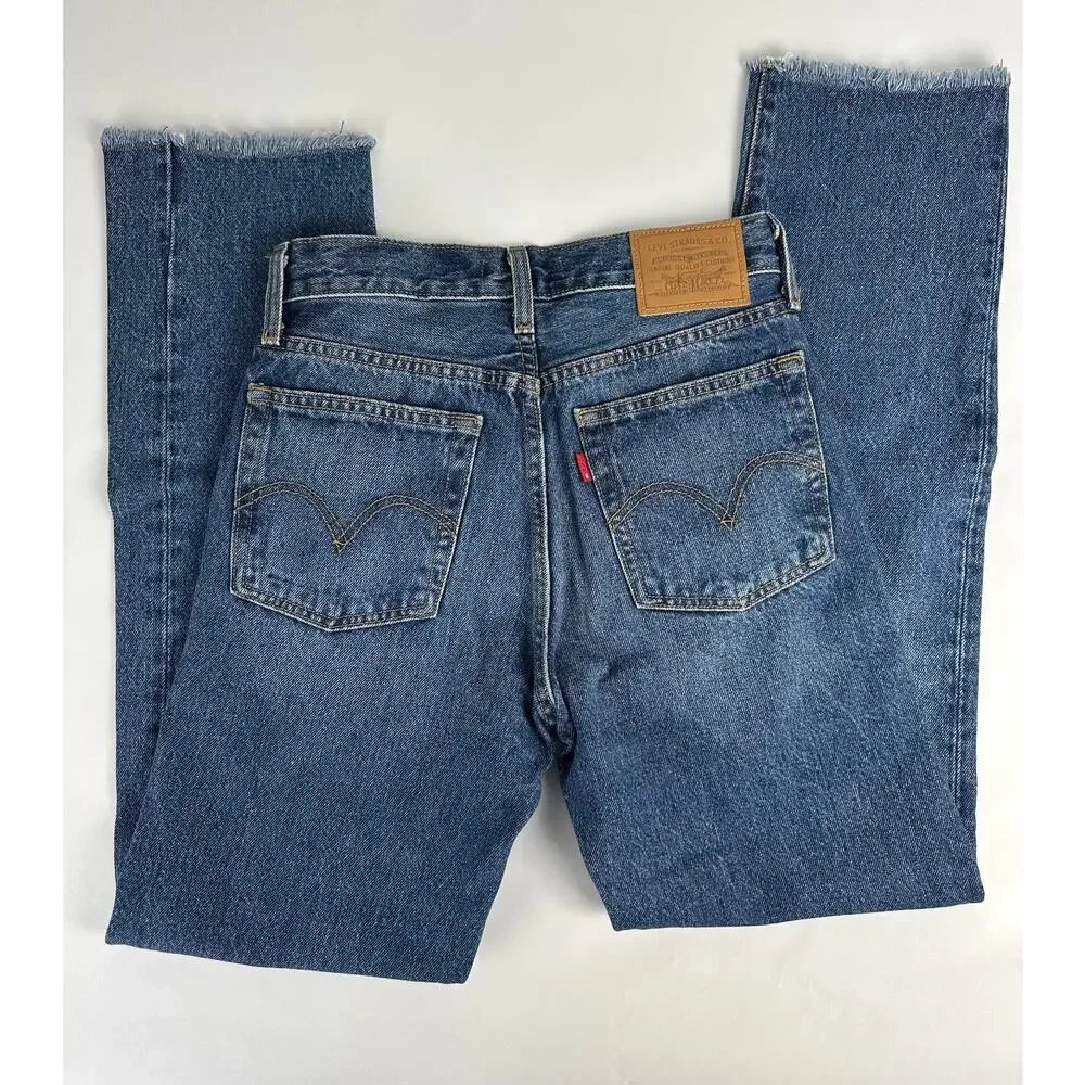 Levi's Wedgie Straight Ankle Jeans 24x28 Distressed Medium Indigo Raw Hem High - Picture 11 of 13